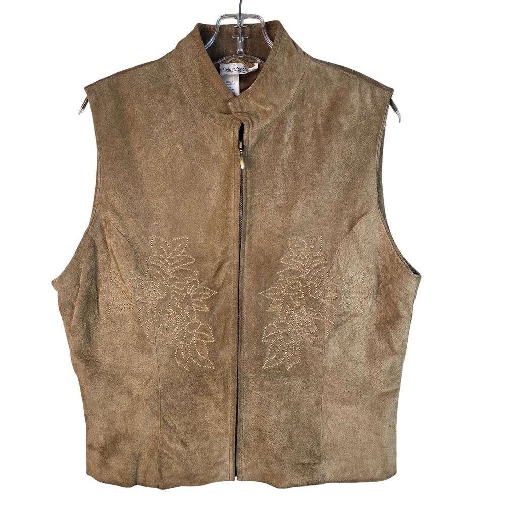Coldwater Creek Vintage Tan Suede Leather Embroidered Vest Women's Large